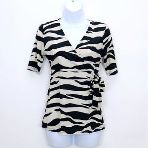 MERONA Size XS Womens Animal Print  Zebra Faux Wrap Tie Pullover Top Black White